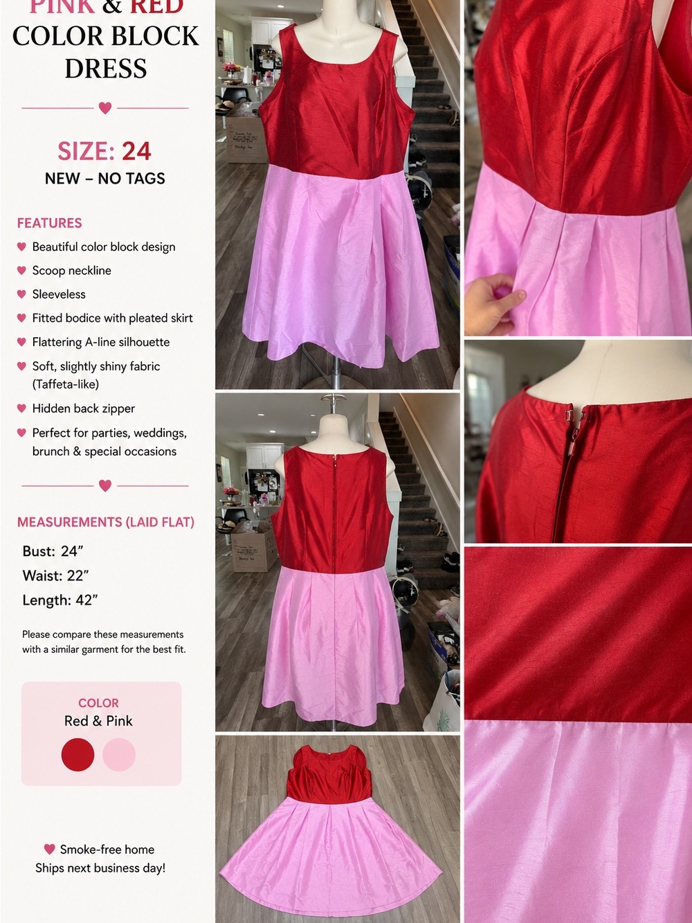 NWT Color Block Sleeveless Fit & Flare Dress Red Pink Size 24 Plus